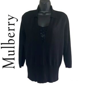 Mulberry Black V- Neck Mesh Details Knit Sweater Size XL